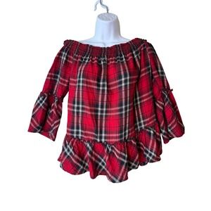 Red Plaid Off Shoulder Top Ruffle Hem Flared Bell Sleeve Blouse Medium M Holiday